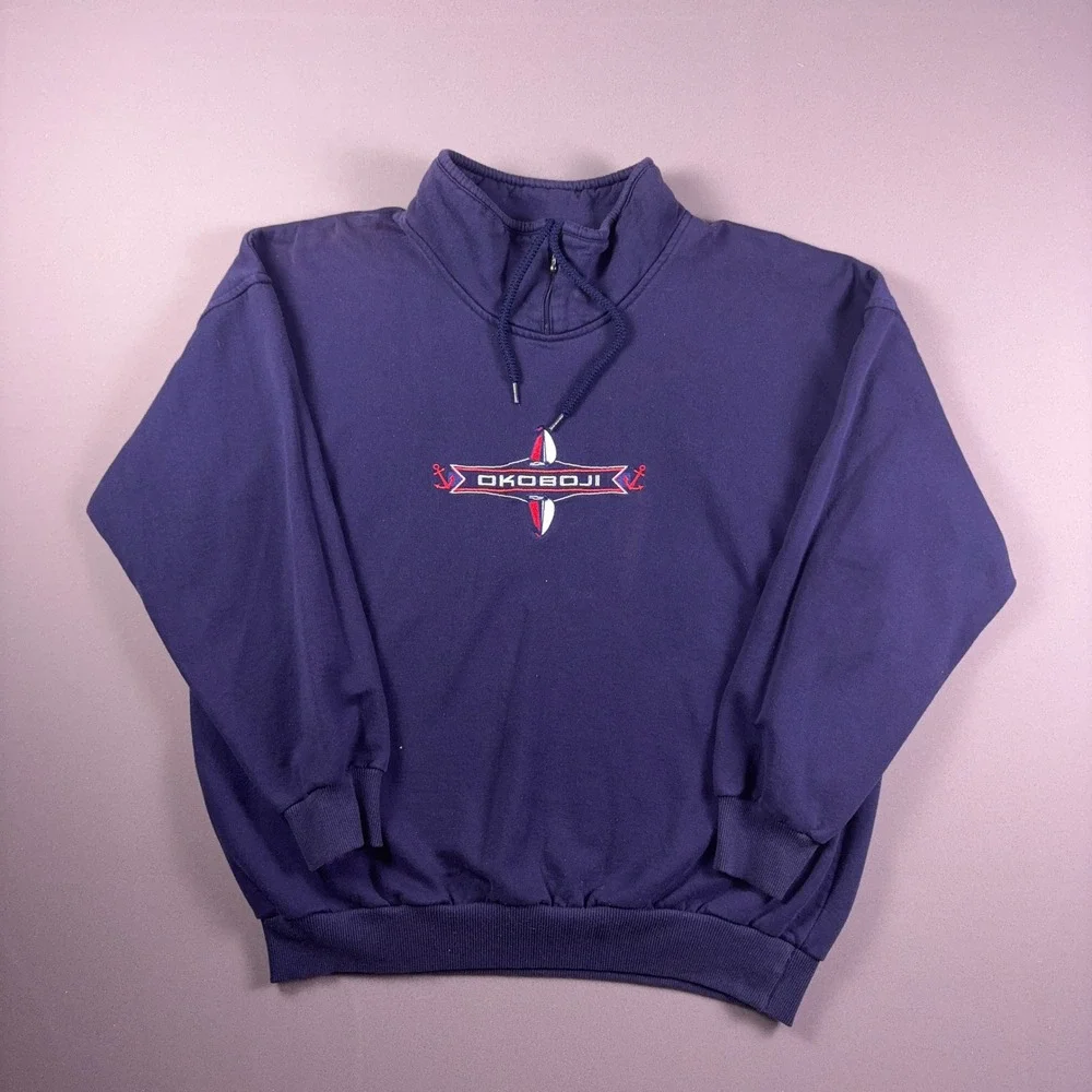 Vintage 90s Cityscape Okoboji Sailboat Quarter Zip Sweatshirt Navy Blue XL